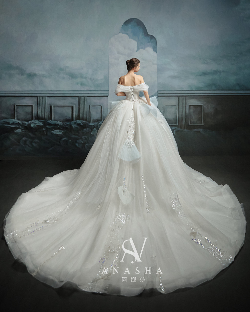 Ethereal Off-Shoulder Crystal Ball Gown Wedding Dress with Cathedral Train & Cloud Appliqués