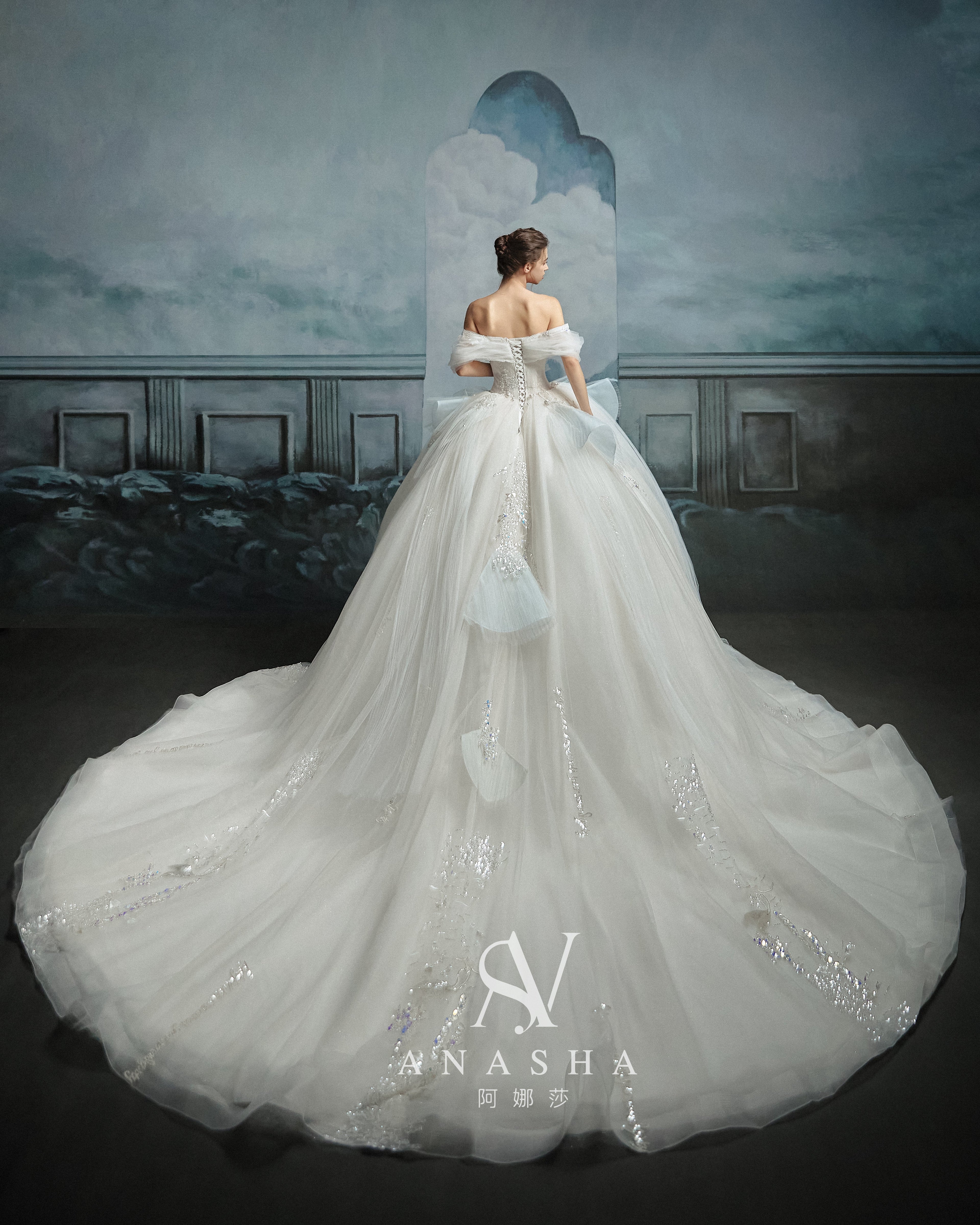 Ethereal Off-Shoulder Crystal Ball Gown Wedding Dress with Cathedral Train & Cloud Appliqués