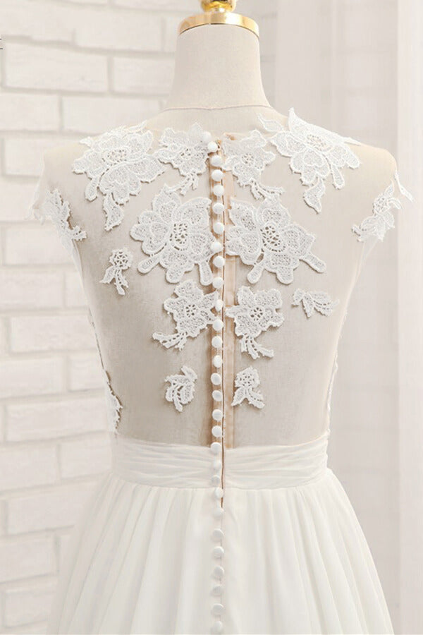 Long A-line Appliques Lace Chiffon Wedding Dress with Slit