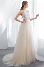 Long A-line Halter Appliques Lace Tulle Evening Dresses