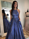 Long A-line Halter Backless Formal Graduation Prom Dresses with Pockets