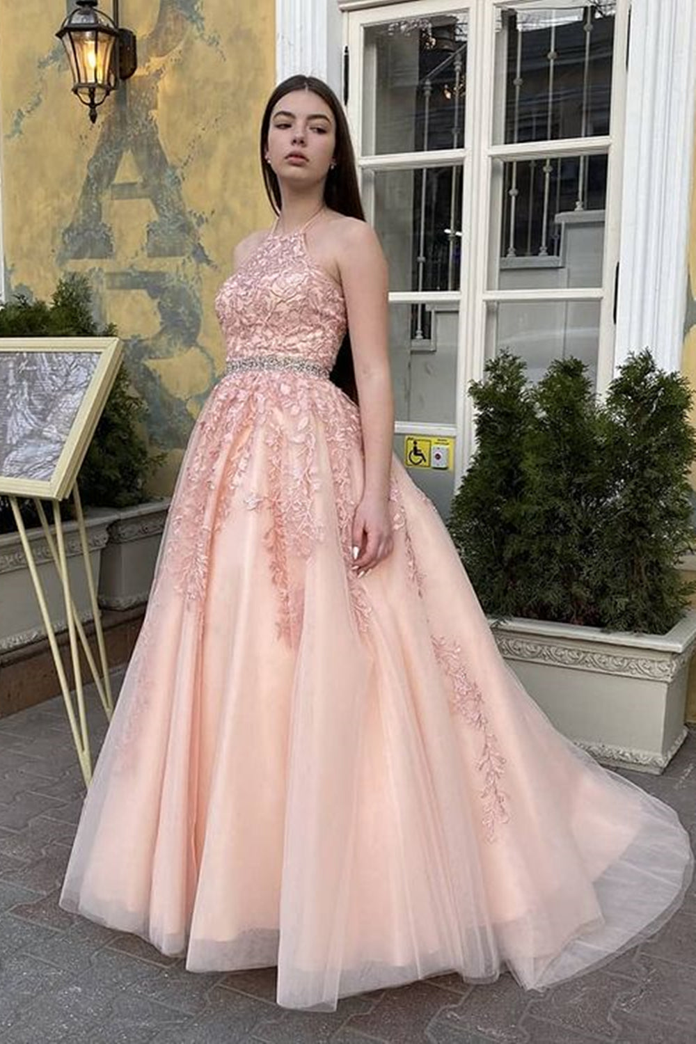 Long A-line Halter Backless Tulle Lace Formal Prom Dresses