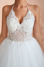 Long A-line Halter Open Back Appliques Tulle Wedding Dress