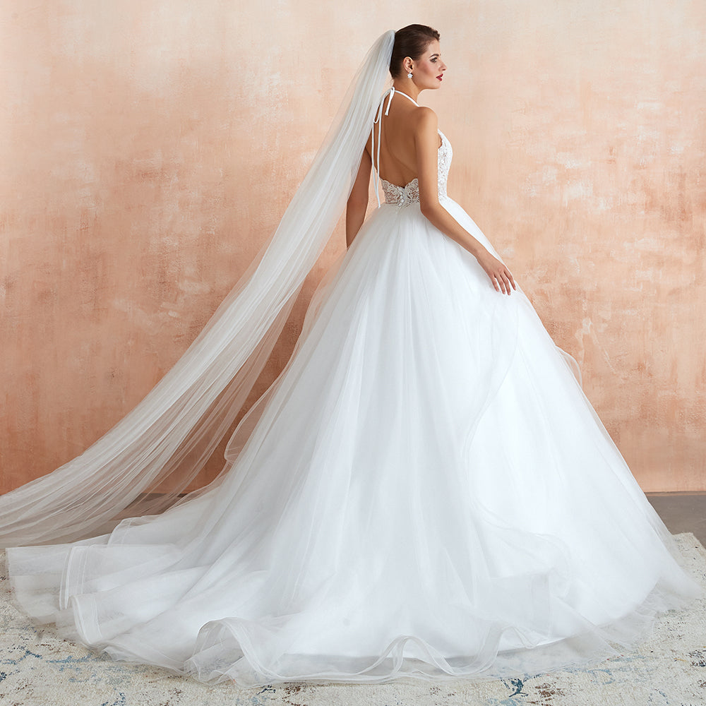 Long A-line Halter Open Back Appliques Tulle Wedding Dress
