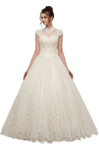Long A-line High Neck Lace Appliques Short Sleeves Wedding Dresses with Lace-up