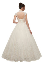 Long A-line High Neck Lace Appliques Short Sleeves Wedding Dresses with Lace-up