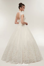 Long A-line High Neck Lace Appliques Short Sleeves Wedding Dresses with Lace-up