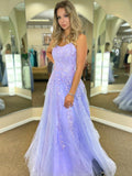 Long A-line Lace Tulle Backless Prom Dresses Purple Formal Evening Dresses