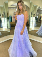 Long A-line Lace Tulle Backless Prom Dresses Purple Formal Evening Dresses