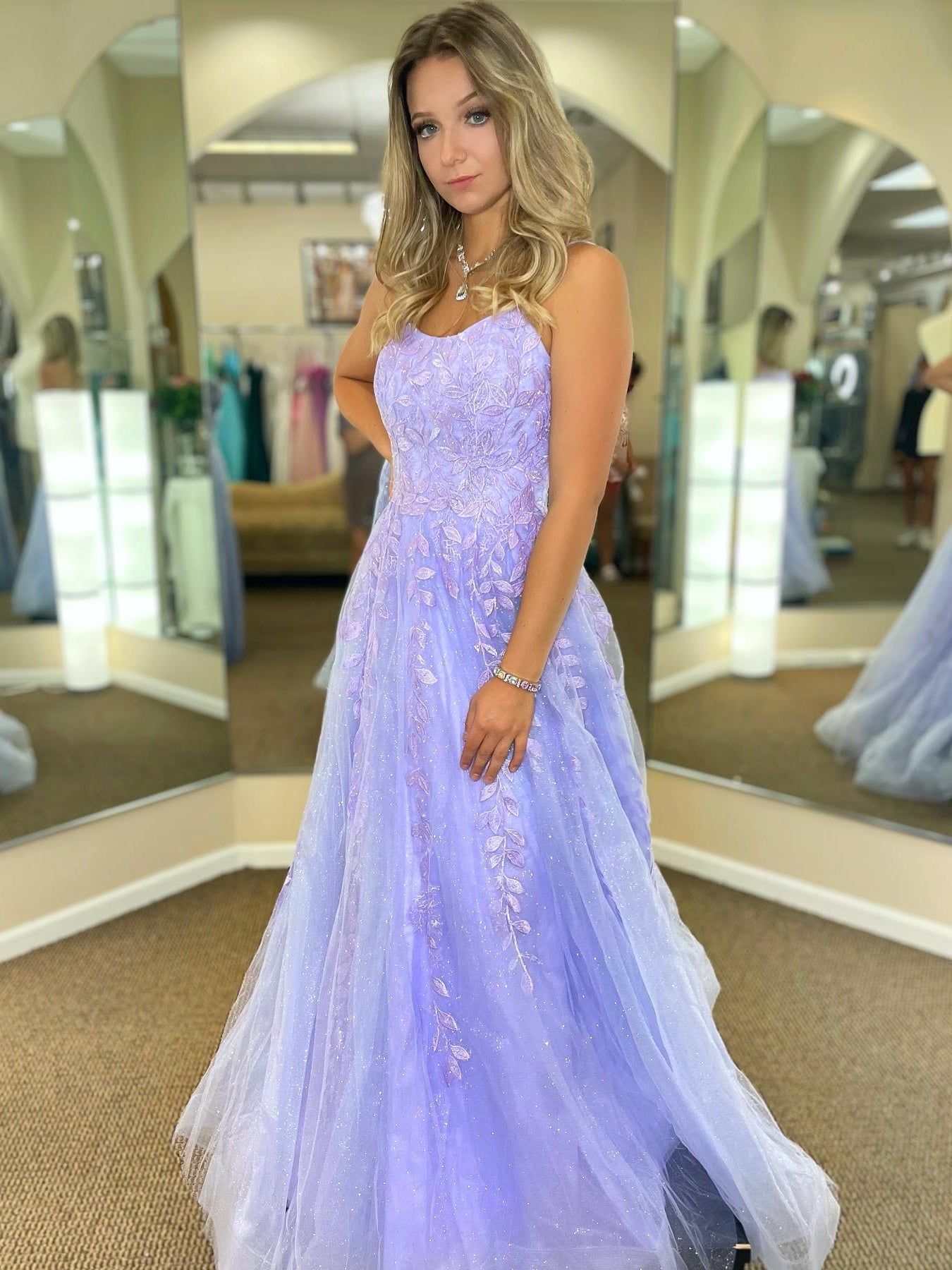 Long A-line Lace Tulle Backless Prom Dresses Purple Formal Evening Dresses