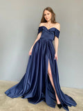 Long A-line Off Shoulder Satin Prom Dresses with Slit Dark Navy Formal Graduation Evening Dresses
