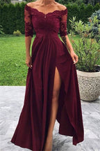 Long A-line Off-the-shoulder Front Slit Burgundy Prom Dress with Sleeves