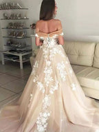 Long A-line Off the Shoulder Lace Appliques Prom Formal Evening Dresses