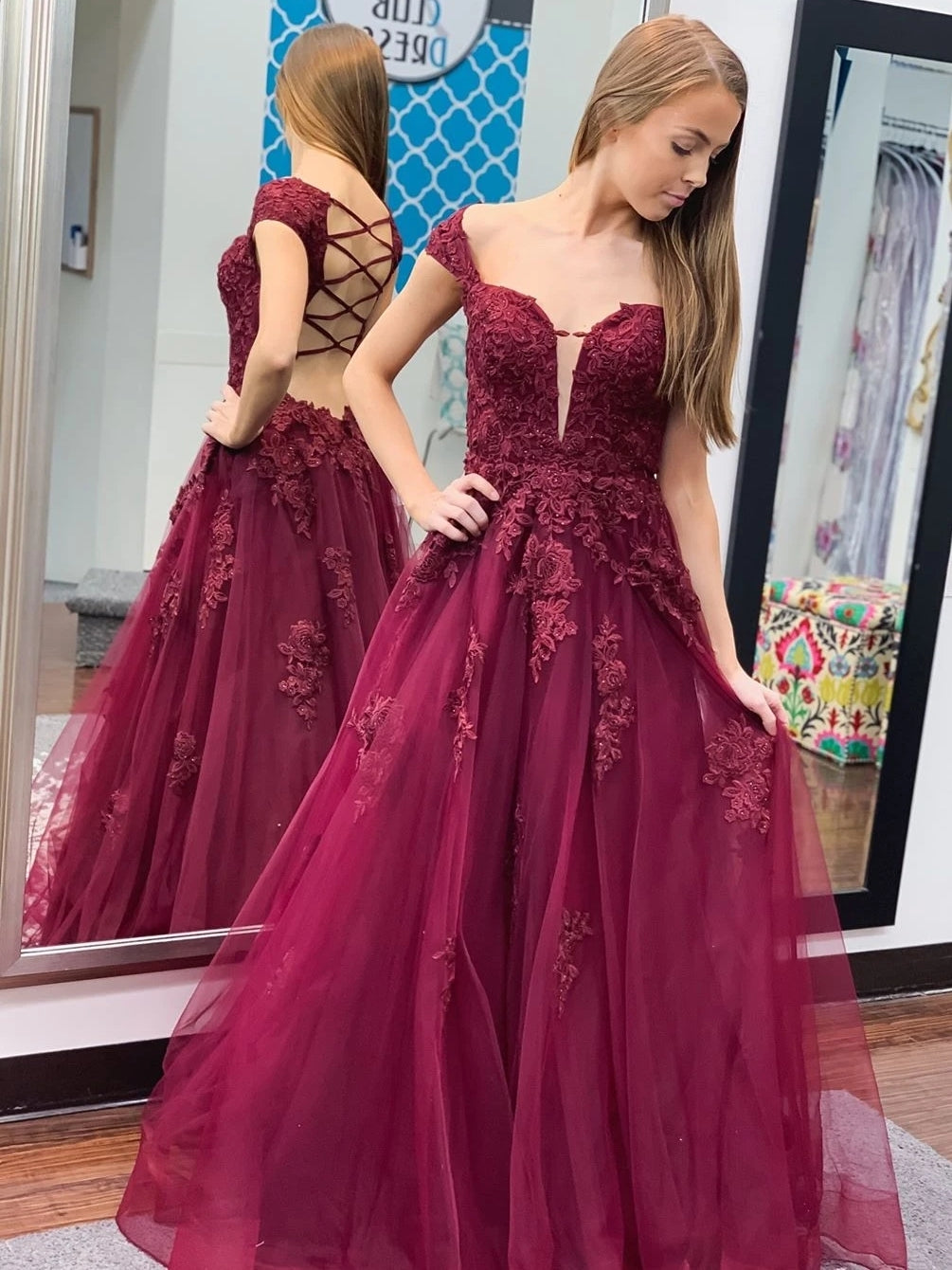 Long A-line Off the Shoulder Open Back Lace Prom Formal Evening Dresses