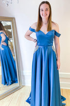 Long A-line Off-the-shoulder Prom Dress With Pockets Crystal Embellishment
