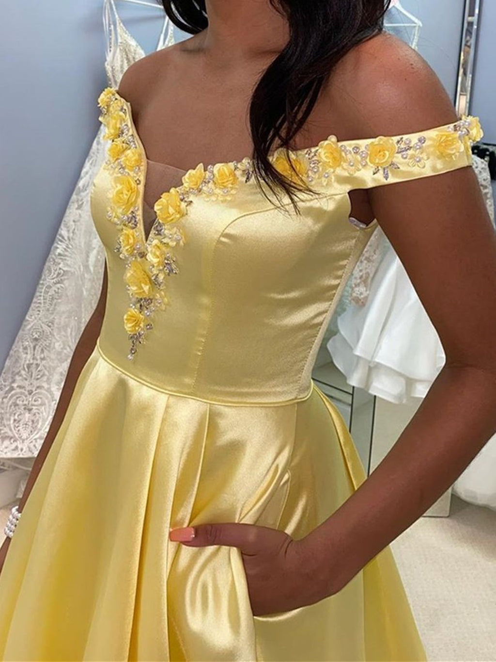 Long A-line Off the Shoulder Satin Formal Prom Dresses with Pockets