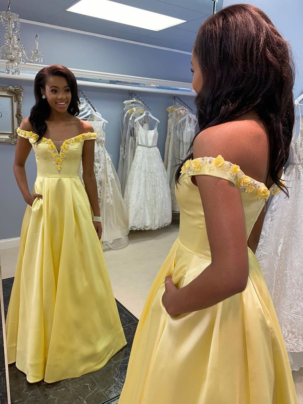 Long A-line Off the Shoulder Satin Formal Prom Dresses with Pockets
