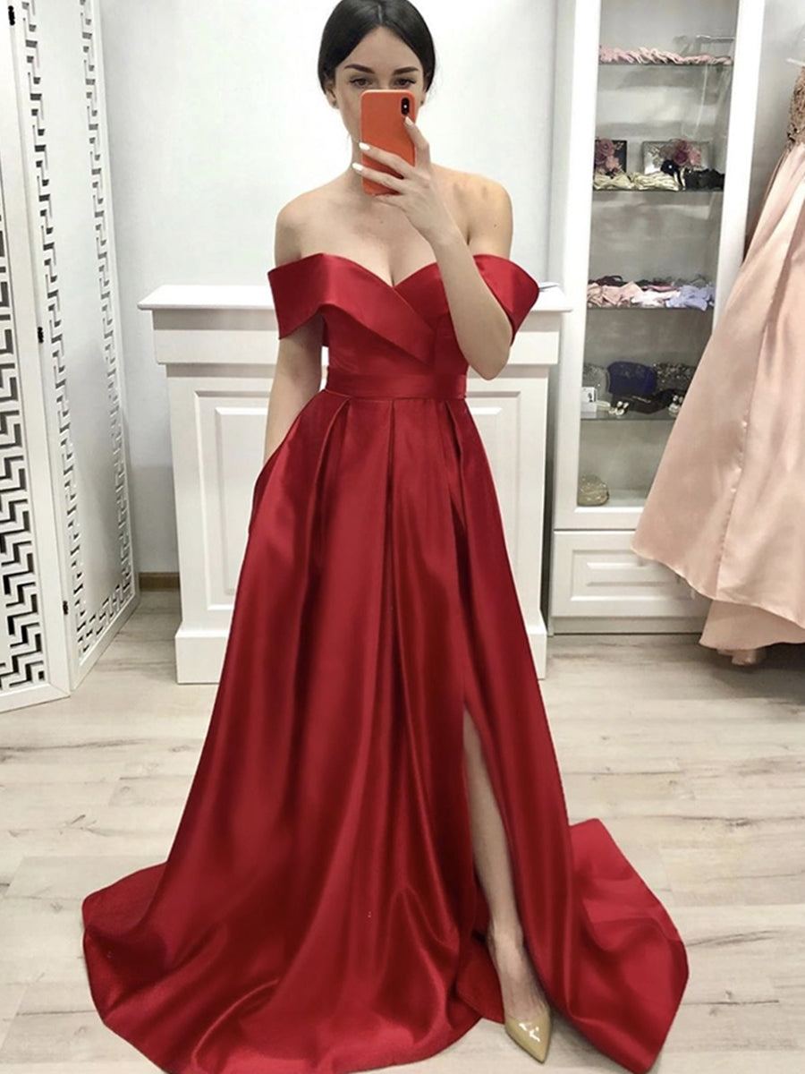 Long A-line Off the Shoulder Satin Front Slit Formal Prom Dresses with Pockets
