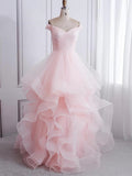 Long A-line Off the Shoulder Tulle Fluffy Graduation Prom Dresses