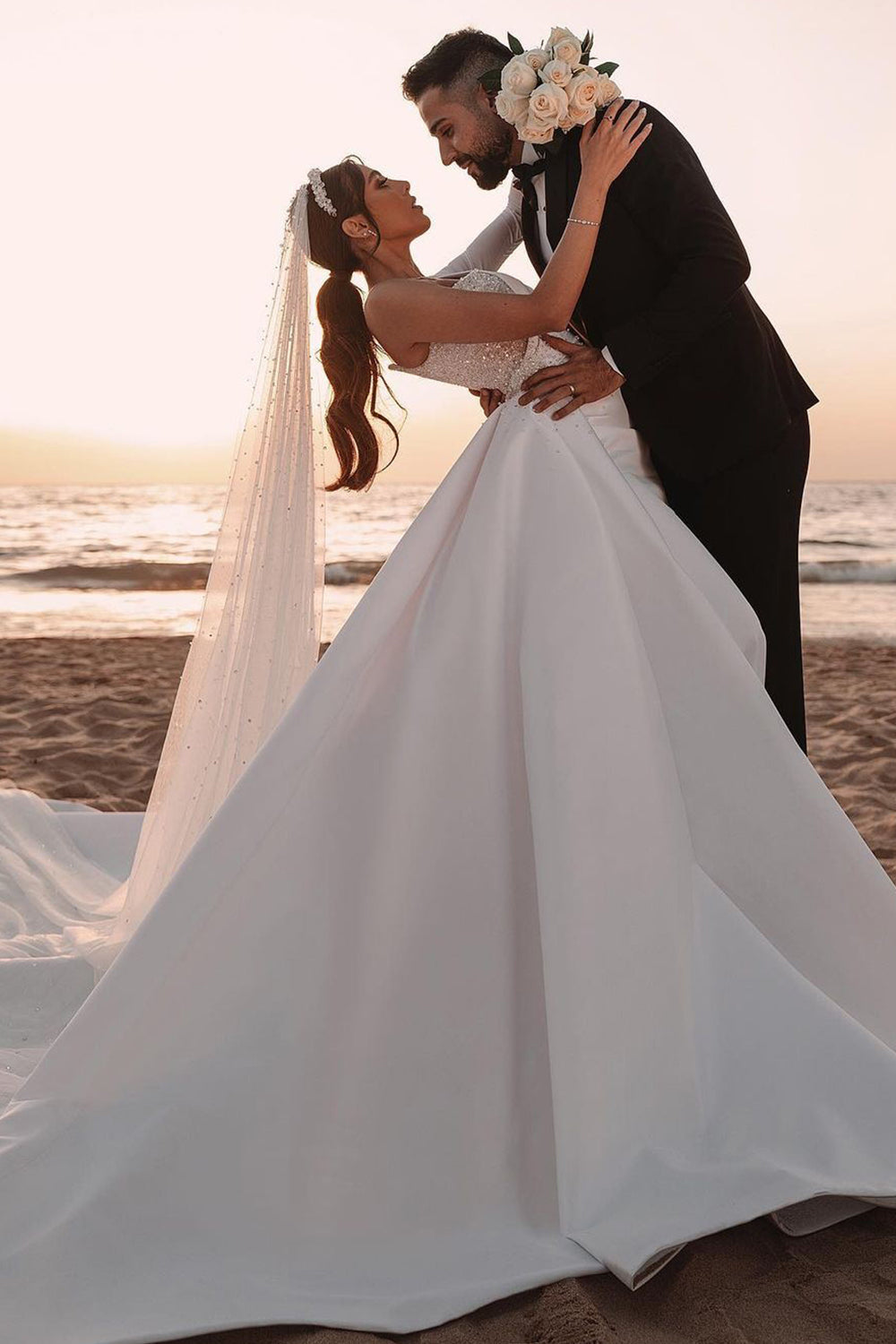 Long A-line One Shoulder Sequins Satin Wedding Dress with Sleeves