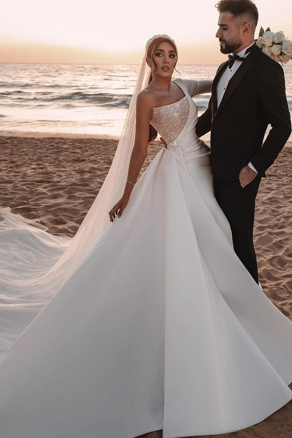 Long A-line One Shoulder Sequins Satin Wedding Dress with Sleeves
