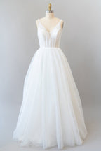 Long A-line Open Back Sequins Tulle Backless Wedding Dress