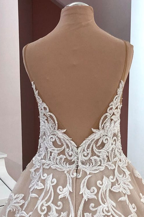 Long A-Line Sequin Tulle Spaghetti Straps Appliques Lace Wedding Dress