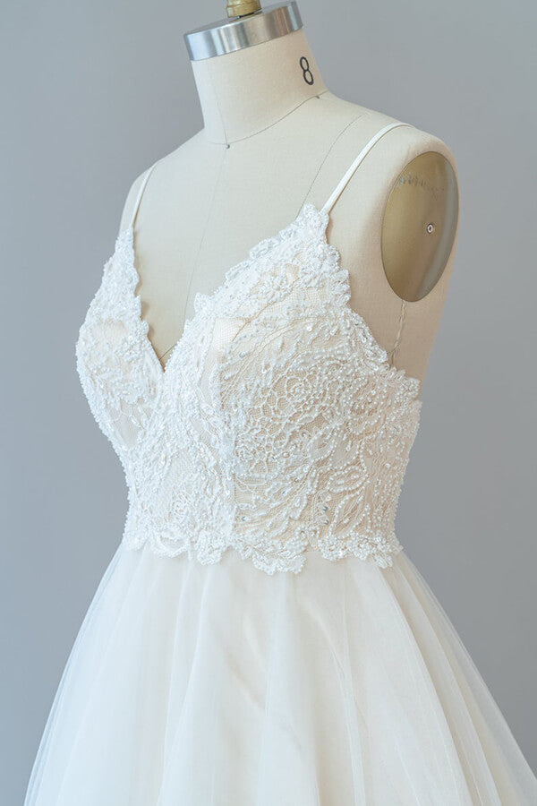 Long A-line Spaghetti Strap Lace Tulle Backless Wedding Dress