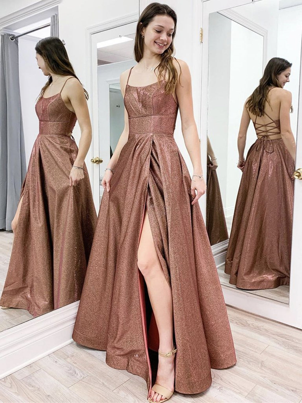 Long A-line Spaghetti Straps Backless Formal Graduation Prom Dresses with Slit