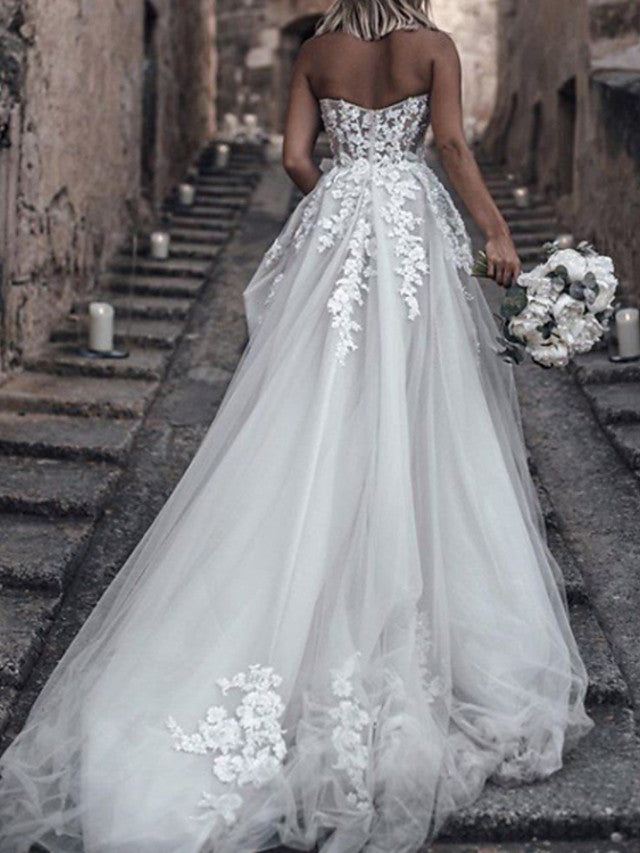 Long A-Line Strapless Sweep Brush Train Lace Tulle Sleeveless Wedding Dresses