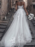 Long A-Line Strapless Sweep Brush Train Lace Tulle Sleeveless Wedding Dresses