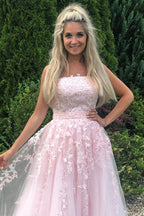 Long A-line Strapless Tulle Lace Prom Dress Pink Formal Graduation Evening Gowns