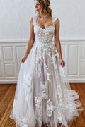 Long A-line Straps Sweetheart Appliques Lace Tulle Backless Wedding Dress