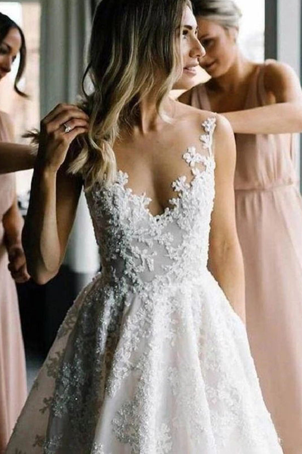 Long A-line Straps V-neck Floral Beads Tulle Backless Wedding Dress