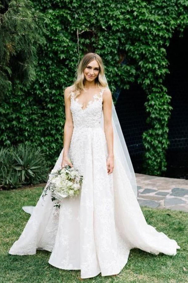 Long A-line Straps V-neck Floral Beads Tulle Backless Wedding Dress