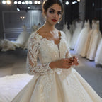 Long A-Line Sweetheart Backless Appliques Lace Sequins Wedding Dress with Sleeves