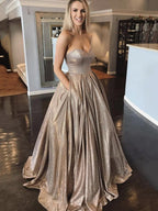 Long A-line Sweetheart Backless Sparkly Formal Prom Dresses with Pockets