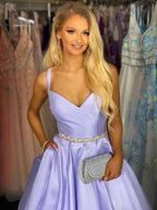 Long A-line Sweetheart Spaghetti Straps Satin Formal Prom Dresses with Pockets