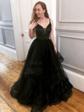 Long A-line Sweetheart Tulle Fluffy Prom Dresses Black Formal Evening Gowns