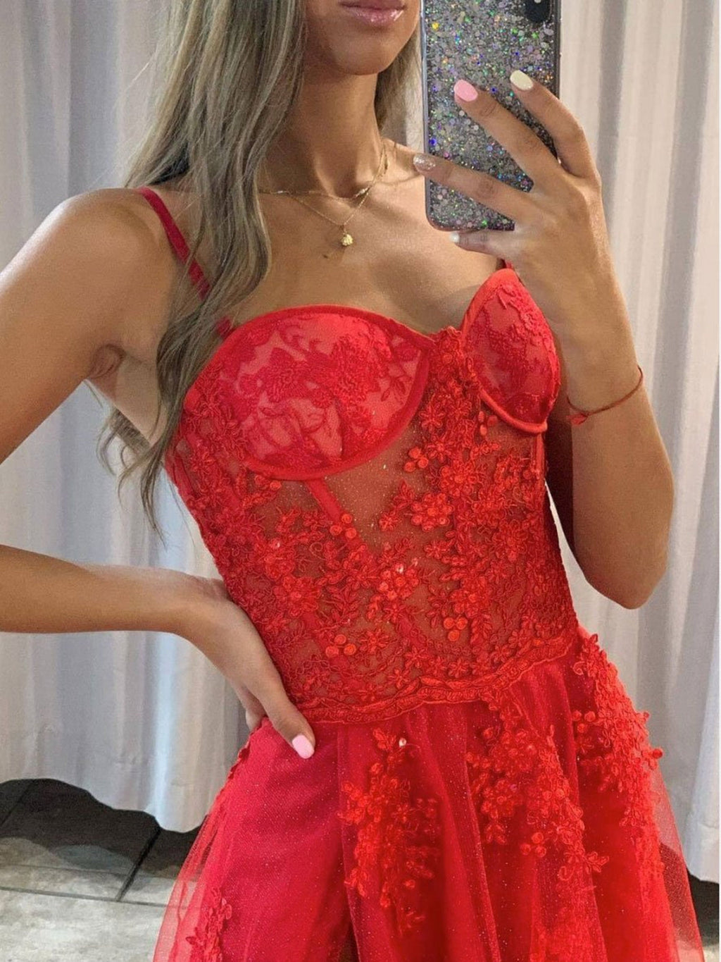 Long A Line Sweetheart Tulle Lace Prom Dress with Slit Red Formal Evening Gowns