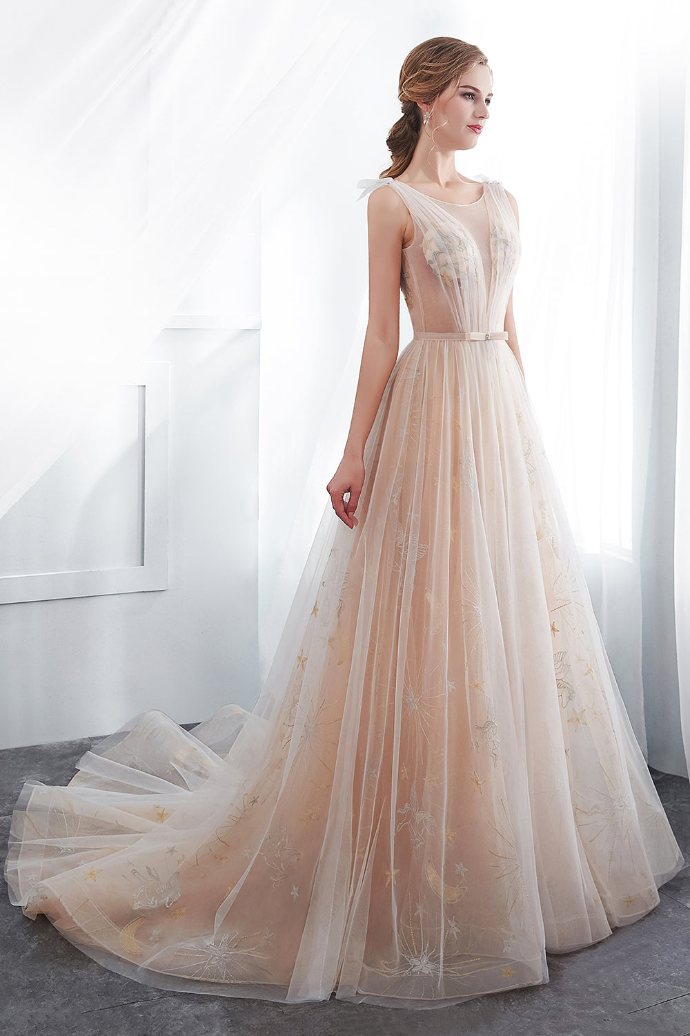 Long A-line Tulle Backless Champangne Evening Dresses