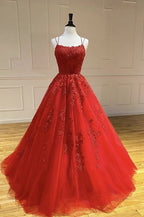Long A-line Tulle Lace Backless Lace-up Prom Dress