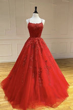 Long A-line Tulle Lace Backless Lace-up Prom Dress