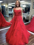 Long A-line Tulle Lace Open Back Formal Graduation Prom Dress