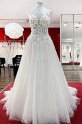 Long A-line Tulle Sleevless Ruffles Jewel Wedding Dress With Lace Appliques