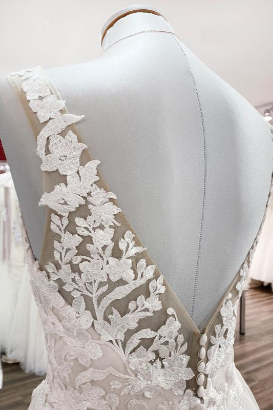 Long A-line Tulle V Neck Open Back Appliques Lace Wedding Dress