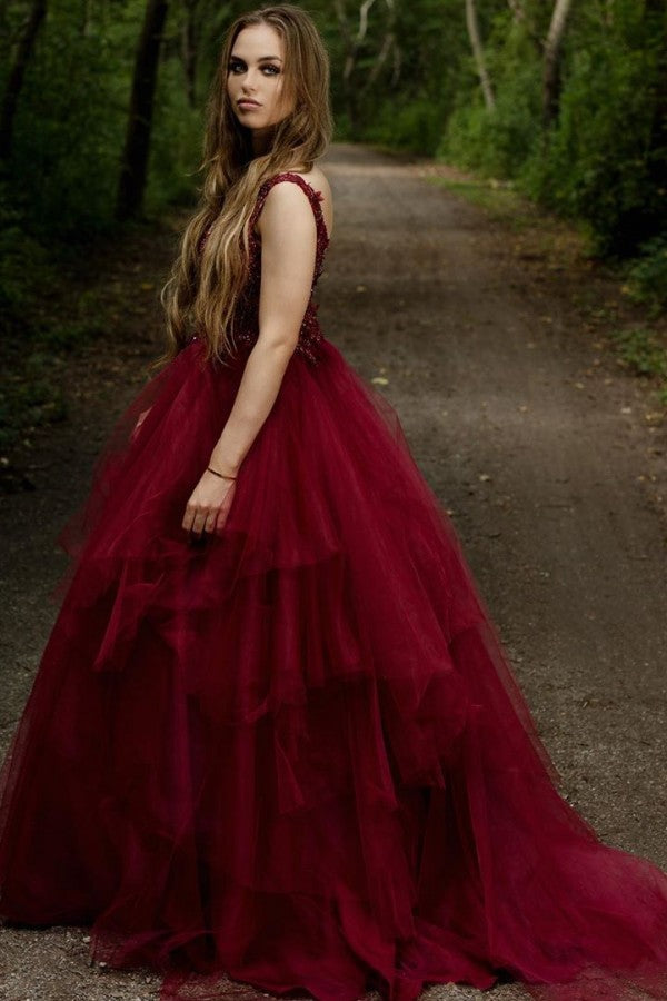 Long A-line V-neck Appliques Lace Backless Tulle Prom Dress