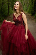 Long A-line V-neck Appliques Lace Backless Tulle Prom Dress