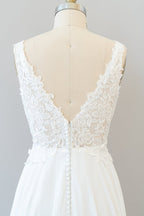 Long A-line V-neck Appliques Lace Chiffon Wedding Dress