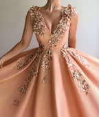Long A-line V-neck Appliques Lace Satin Prom Dress